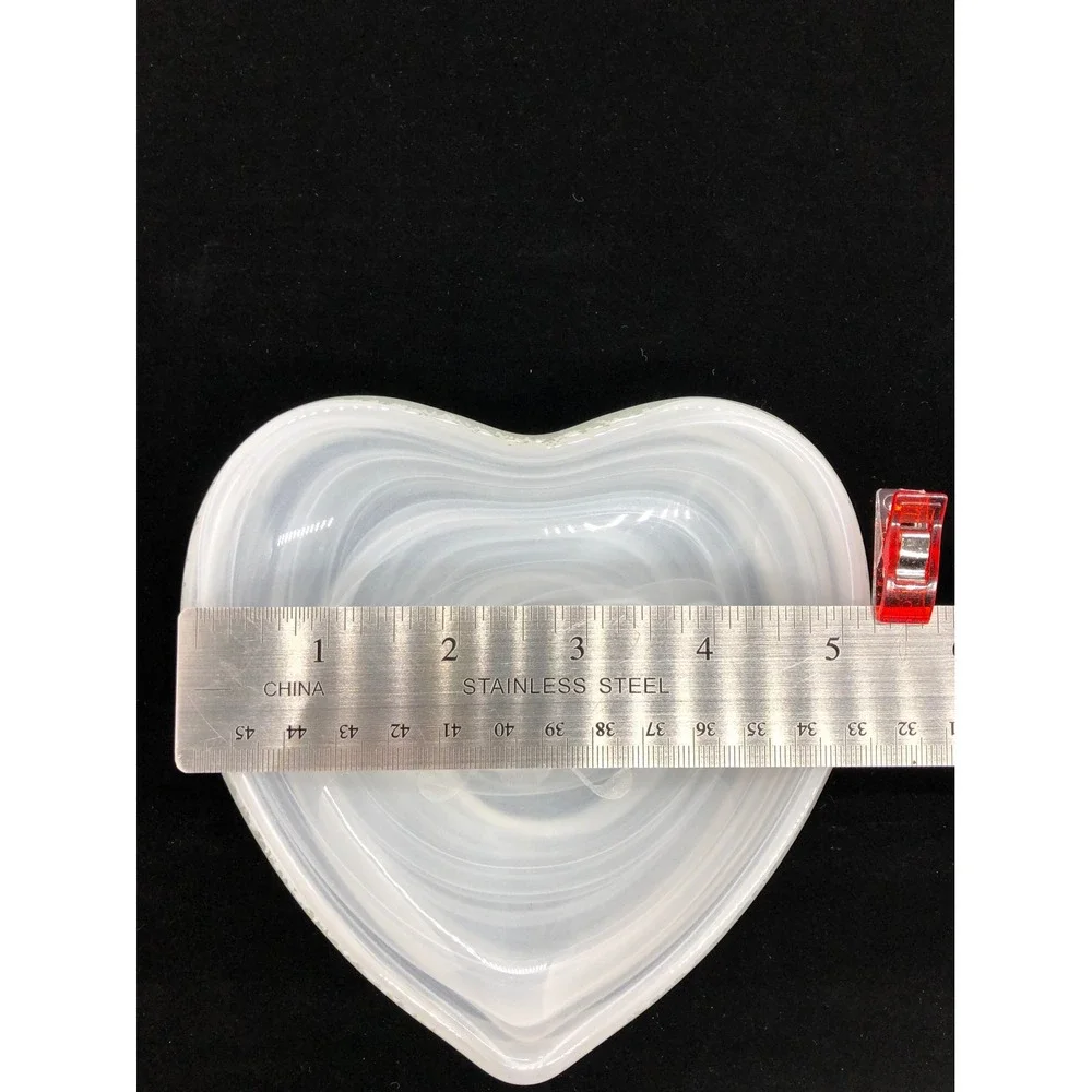 White Swirl Alabaster Glass Heart Trinket Dish Etched Skull Crossbones Decor